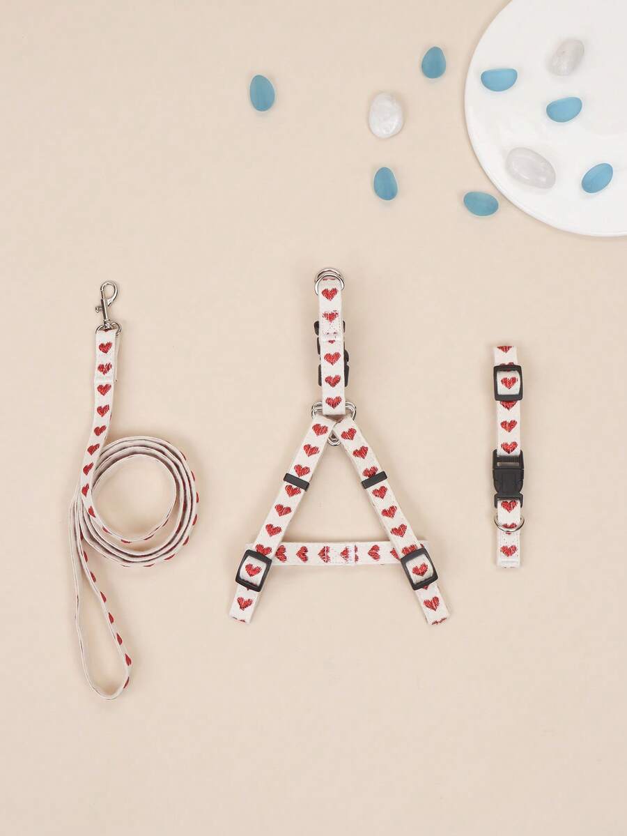 1 Set Cute Polyester Heart Pattern Collar Harness Leash Set, Suitable For Small Teddy Bear Outdoor Use (Not Suitable For Large Dogs)