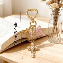1pc Multi-Color Religious Cross Keychain, Decorated With Religious Love And Crystal Cross, Bag Charm, Bag Amulet, Pearl And Diamond, Cross Keychain, Bag Accessory, Cross Pendant, Wallet, Backpack Accessory, Earphone Case Accessory - Multicolor - View 4