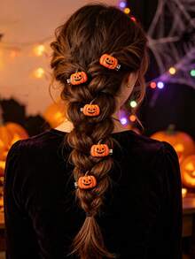 5pcs Funny Smiling Pumpkin Hair Clips, Halloween Theme Hair Accessories, Party Atmosphere Costume, Cute Hair Clips - Orange - View 1