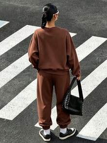 New European And American Style Los Angeles Letter Print Dark Blue Women's Sweatshirt Set, Suitable For Autumn And Winter - Brown - View 6