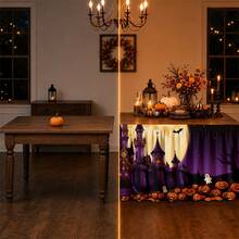 1pc Halloween Castle Pumpkin Moon Bat Theme Table Skirt, Eerie Gothic Holiday Decor Tablecloth For Party, Dining Table, Event Celebration - A - View 3
