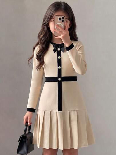 Gaun Lengan Panjang Berlipit Elegan dengan Pita, Warna Aprikot & Hitam, Cocok untuk Remaja Perempuan, Cocok untuk Beraktivitas Sehari-hari, Jalan-jalan, Pesta, dan Acara Malam Hari