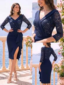 MIUSOL V-Neck Sequin Floral Lace 3/4 Sleeve Draped Side Ruffle Trim Cocktail Party Fitted Dress, Midi Dress, Bodycon Dress, Semi Formal Dress - Navy Blue - View 1
