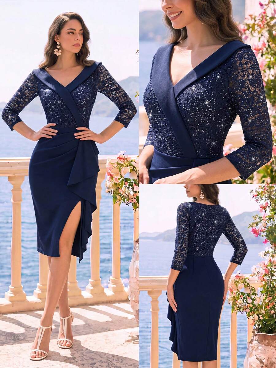 MIUSOL V-Neck Sequin Floral Lace 3/4 Sleeve Draped Side Ruffle Trim Cocktail Party Fitted Dress, Midi Dress, Bodycon Dress, Semi Formal Dress - Navy Blue - View 1