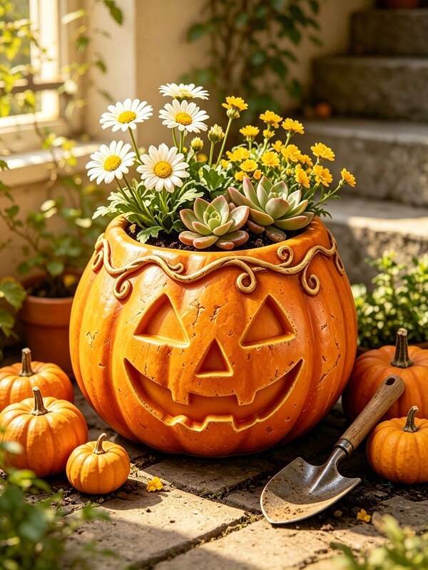 1pc Resin Vine Jack Pumpkin Succulent Planter, Mini Pumpkin Face Cactus Flower Pot, Halloween Autumn Desktop Decor, Small Harvest Home Ornament Gift, Suitable For Plant Lovers