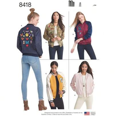 8418 Patrón de costura de chaqueta bomber forrada para mujer, tallas 14-22