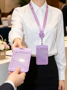Purple Rhinestone ID Card Holder With Lanyard, ID Card Storage Box, Anti-Lost Lanyard, Student ID Card Holder, Self-Service Restaurant Card Holder - Multicolor - View 6