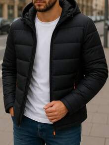 MEN'S BASIC CASUAL HPC POLO PUFFER JACKET WITH COMFORTABLE PLUSH HAT - Black - View 1