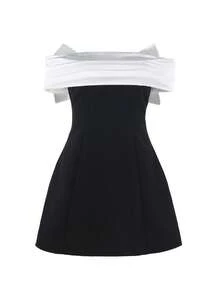 Autumn Bow Off-Shoulder Contrast Color Party Dress Elegant Dress For Dating - Black - View 8