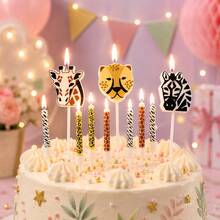 HIBIRTH 15pcs Cartoon Animal Candles, Leopard, Giraffe, Zebra, Leopard Print, Deer Pattern, Spiral Candles For Birthday Cake Decoration, Party Celebration Baking Accessories - View 2