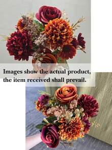 Artificial Flower Bouquet, Including Roses, Daisies, Double-Petal Flowers And Eucalyptus Leaves; Premium Mixed Floral Arrangement, Suitable For Home Decor, Holiday Decoration, Photography Props, Gift Decoration, Autumn Styling And Wedding Display. - Multicolor - View 10