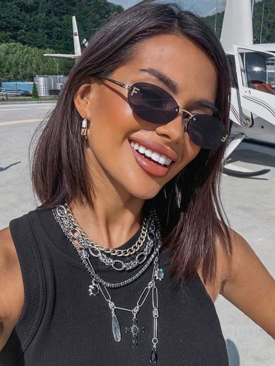 1pc Minimalist Oval Frameless Fashion Glasses, Metal Letter Decor, Personalized Vintage Style, Versatile Elegant Eyewear, Suitable For Daily Wear - black gray - View 1