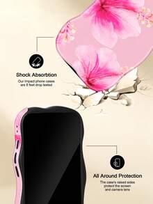 KOOLIFE 1pc Tropical Floral Wavy Border Shockproof Phone Case, TPU+PC 2-In-1 Dual Layer Anti-Scratch Glossy Protective Shell, Hibiscus/Lily/Oil Painting Floral Pastoral Style Ins Summer Bohemian Fashion Design, Raised Camera Bezel, Holiday Gift Phone Case, Compatible With Apple 18/17/17 Pro/17 Pro Max/16/15/14/13/12/11 - Pink Hibiscus - View 3