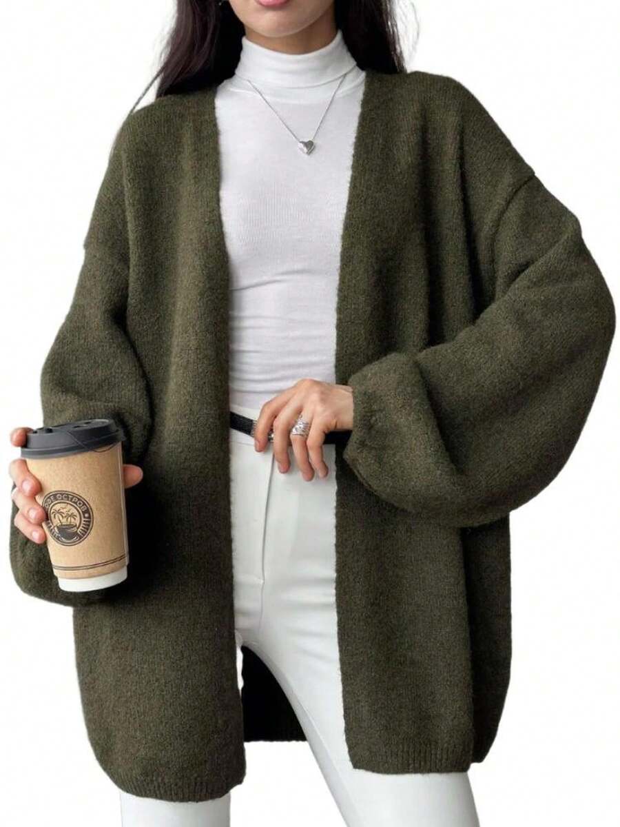 Damen Strickcardigan mit V‑Ausschnitt, weicher flauschiger Strickstoff, lange Ballonärmel, offene Front lässige Strickjacke für Alltag - Armeegrün - Übersicht 1