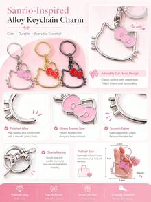 Gantungan Kunci Hello Kitty Sanrio untuk Pembuatan Perhiasan, Gantungan Kunci Kepala Kucing Paduan Logam dengan Pita, Gantungan Kunci Logam Lucu untuk Wanita, Aksesoris Tas Dompet Ransel - Pesona - View 2