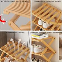 1pc Foldable Freestanding Narrow Bamboo Shoe Rack, Portable Space-Saving Shoe Tower, No Assembly Required, Suitable For Entryway, Hallway, Bedroom, Living Room Corner And Small Spaces - Ginger - View 5