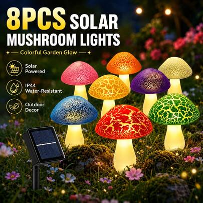 8 Luces solares en forma de hongo, luces LED de jardín coloridas con efecto craquelado para exteriores, con función automática de encendido/apagado y clasificación impermeable IP44, ideales para senderos, patios, jardines, césped y macizos de flores