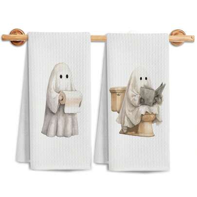 2pcs Funny Halloween Ghost Hand Towels For Bathroom, 16x24in