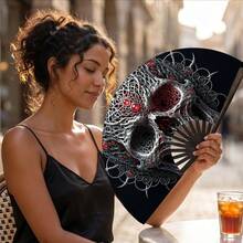 1pc Halloween Kung Fu Fan Gothic Style Exquisite Floral Skeleton Print Handheld Folding Fan, Plastic Black Ribs, Decorative Portable Fan For Daily Use And Theme Parties - One Size Fits All - View 9