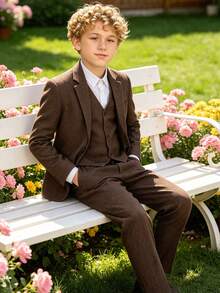 3pcs/Set Boys Herringbone Twill Suit Jacket, Vest, Pants, Suitable For Wedding, Birthday, School, Stage And Other Formal Occasions, Dark Brown, 6-16 Years Old - Brown - View 7