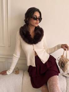 Senya 2026 Women's Faux Fur Collar Cardigan, White Ribbed Knit Slim Fit Long Sleeve Top, Rhinestone Buttons Elegant Sweet Style Winter Top - Apricot - View 6