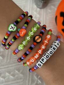 6pcs/Set Halloween Stackable Bracelets, Holiday Party Pumpkin Ghost Skull Letter Beaded Elastic Wristbands - Multicolor - View 5