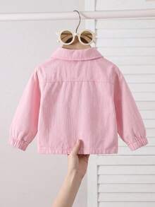 Baby Girl Casual Cute Minimalist Fashion Front Pocket Metal Button Open Front Small Collar Long Sleeve Pink Denim Jacket Top Autumn/Winter - Pink - View 3