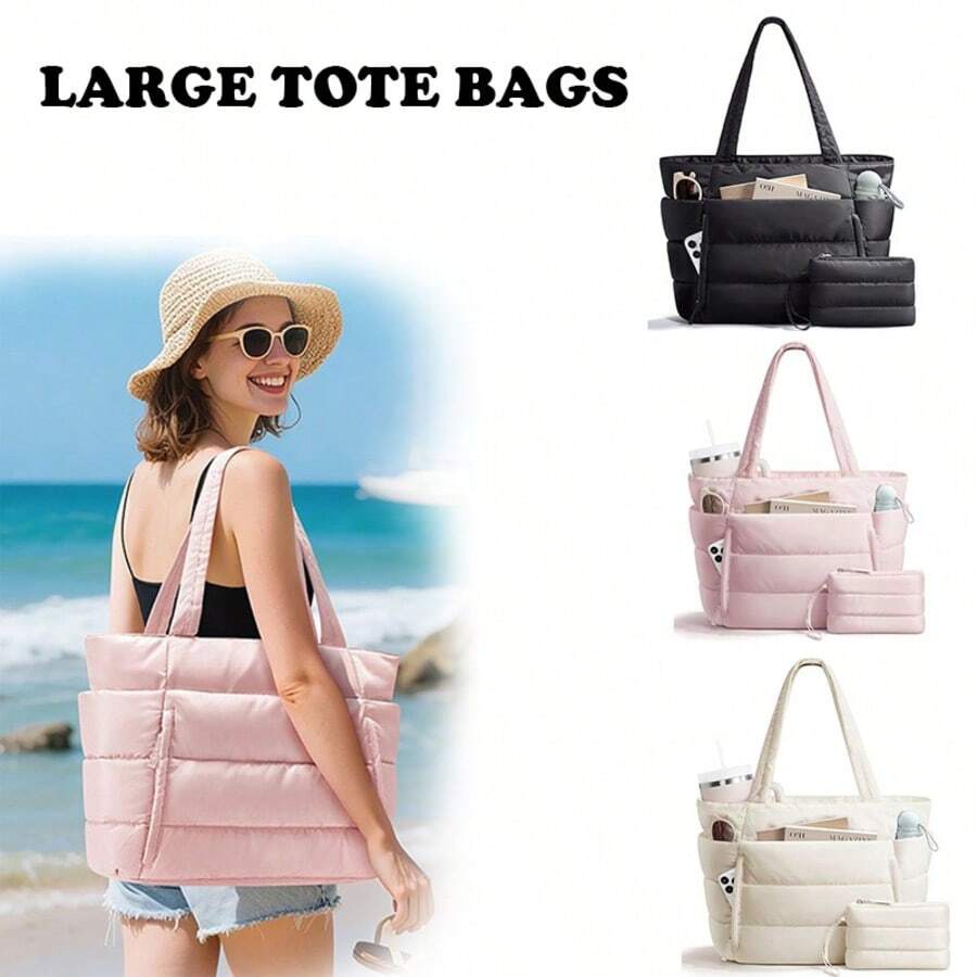 1pc Large Capacity Women's Quilted Tote Bag Set, Multi-Compartment Storage, With Cup Holder And Laptop Sleeve, Suitable For Daily Commute, Short Trips, Weekend Getaways, Spring Travel Essential, Can Be Given As A Gift For Women - Multicolor - View 1