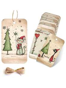 1/25/50pcs Cute Christmas Gift Tags With Jute Rope, Fantasy Holiday Design, Featuring Bear, Reindeer, Christmas Tree, Angel And Dog, Holiday Paper Party Gift Labels, Suitable For Christmas Gifts, Gift Wrapping And DIY Crafts - Multicolor - View 4