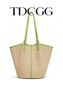1pc Apricot Raffia Woven Bucket Tote Bag, Women's Large Capacity Shoulder Underarm Bag, Suitable For Beach, Travel And Daily Use - Green - View 1