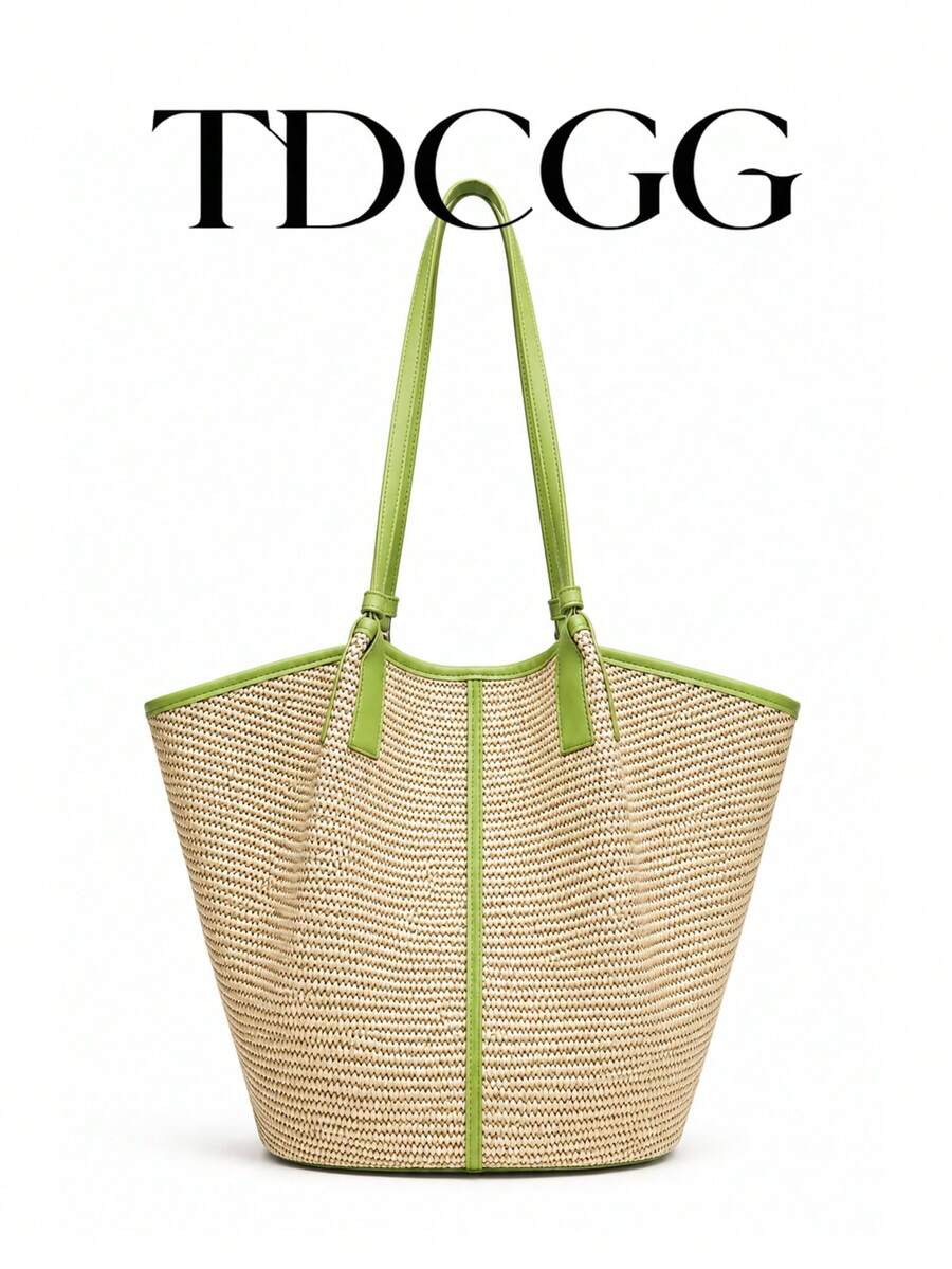 1pc Apricot Raffia Woven Bucket Tote Bag, Women's Large Capacity Shoulder Underarm Bag, Suitable For Beach, Travel And Daily Use - Green - View 1