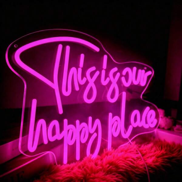 Lampu Neon LED Huruf "This Is Our Happy Place", Lampu Dekorasi Dinding Kamar Tidur, Lampu Bercahaya Suasana Pesta Bertenaga USB