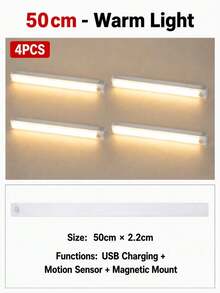 4 قطع شريط إضاءة LED دافئ USB 10/20/30/50 سم مع مستشعر حركة - شريط إضاءة LED بمستشعر حركة لاسلكي، إضاءة تحت الخزانة، مصباح ليلي مغناطيسي قابل للشحن قابل للالتصاق للممر وخزانة المطبخ والرف والخزانة وديكور المنزل - متعدد الألوان - مشاهدة 24