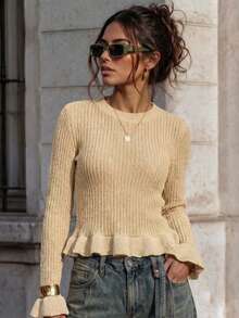 JustMiss Sweater Pullover Wanita Leher Bulat dengan Lengan Mengembang, Hiasan Ruffle, Lengan Panjang, Gaya Feminin Romantis, Warna Polos, Hem A-Line, Rajutan Tebal, Musim Gugur/Dingin - Aprikot - View 3
