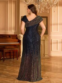 UNITHORSE [Random Cut] Plus Size Women's Gradient Shiny Sequin Elegant Evening Gown Party - Navy Blue - View 2