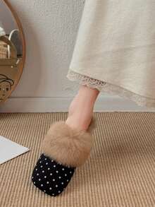 Women's Polka Dot Plush Square Toe Closed Toe Fuzzy Mule Slippers, Retro Round Dot Outdoor Wear Fuzzy Slippers, Autumn/Winter Home - Black - View 5