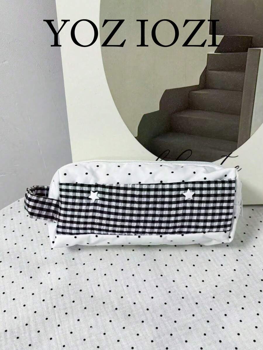 Japanese Niche Design Ins Style Polka Dot Plaid Pencil Case For Women, Large Capacity Travel Portable Handbag, 3D Makeup Organizer Bag - White - View 1