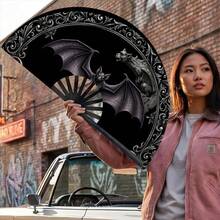 Halloween Gothic Bat Gargoyle Print Folding Hand Fan, Plastic Black Ribs Style 1pc, Dark Mysterious Style Decorative Cooling Fan, Suitable For Theme Parties, Daily Outings And Gothic Style Events - A - View 7
