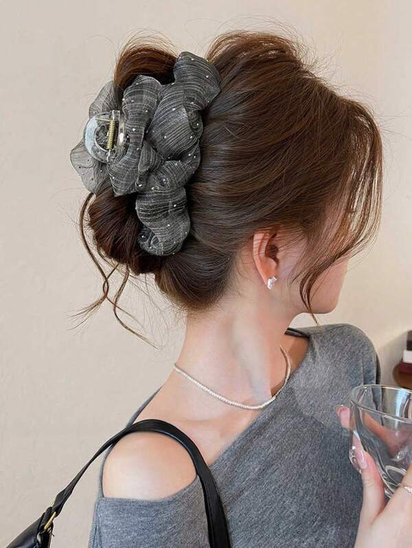 1 buah Jepit Rambut Cakar Jala Premium Motif Polkadot Bunga, Aksesori Rambut Kain Berlipit Elegan untuk Gaya Rambut Sanggul Belakang
