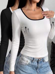 2pcs Contrast Trim U-Neck Ribbed Knit Slim Fit Long Sleeve T-Shirt, Women's Basic Casual Everyday Top - Multicolor - View 2