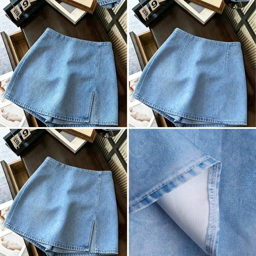 Shorts/Falda/Pantalones de pierna ancha/Hot pants para mujer con efecto denim estampado, textura de tela suave, cintura alta y a - azul - Ver 1