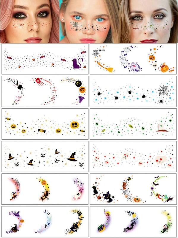 12 Sheets, Halloween Face Freckle Tattoo Stickers, Pumpkin Black Cat Ghost Spider Web Elements Pattern, Face Cheek Freckle Makeup Temporary Tattoo, Waterproof Realistic Easy To Use