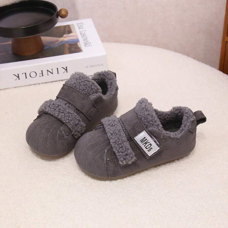 1 Pair Children's Padded Warm Winter Shoes, Faux Lamb Fur Lining, Hook And Loop Closure For Easy On/Off, Soft Sole Anti-Slip, Winter Heat Retention Foot Protection - Grey - View 1