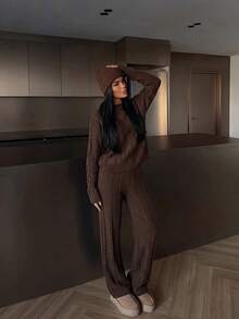 Elva Women's Autumn Lazy Pullover Sweater & Sexy Long Pants 2 Pieces Set, Suitable For Home, Back To School, Commute, Shopping, Holiday - Brown - View 4