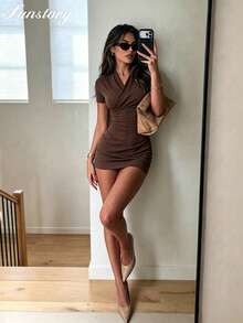 SUNSTORY Women's Autumn Solid Color Cross-Front Wrap Cut Short Sleeve V-Neck Waist-Cinching Bodycon Knit Dress, Suitable For Daily Outings, Dates, Gatherings, Coffee Shop Visits, Selfies, Shopping, Vacation, Casual Wear - Brown - View 1