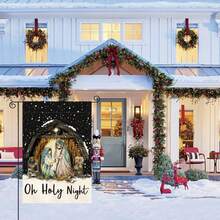 1件 Oh Holy Night 聖誕馬槽場景花園旗，黑色雪花背景雙面印刷宗教聖誕庭院裝飾，不含旗桿 - 黑色飄雪底色 - 查看 4