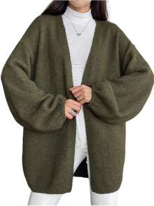 Damen Strickcardigan mit V‑Ausschnitt, weicher flauschiger Strickstoff, lange Ballonärmel, offene Front lässige Strickjacke für Alltag - Armeegrün - Übersicht 6