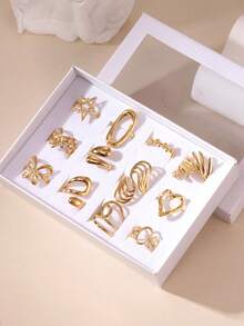 12PCS Exaggerated Elegant 18K Gold Plated Stainless Steel Heart Flower Geometric Crown Bow Rings Jewelry Box Set Gift Box Packaging Suitable For Women Daily Wear And Gifting - Gold - View 6