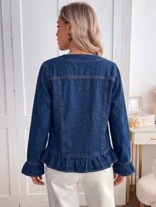 Áo khoác denim nữ màu xanh đậm viền bèo nhún phong cách thường ngày, áo thu - Rửa tối - Xem 5