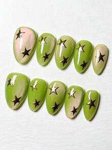 10PCS Almond Press On Nails, Y2K Fresh Lime Green Gradient Cat Eye Fake Nails, Metallic Gold Star Decals Glossy Reusable Handmade Artificial Nail Kit For Women Daily Party - Lime Green - View 2